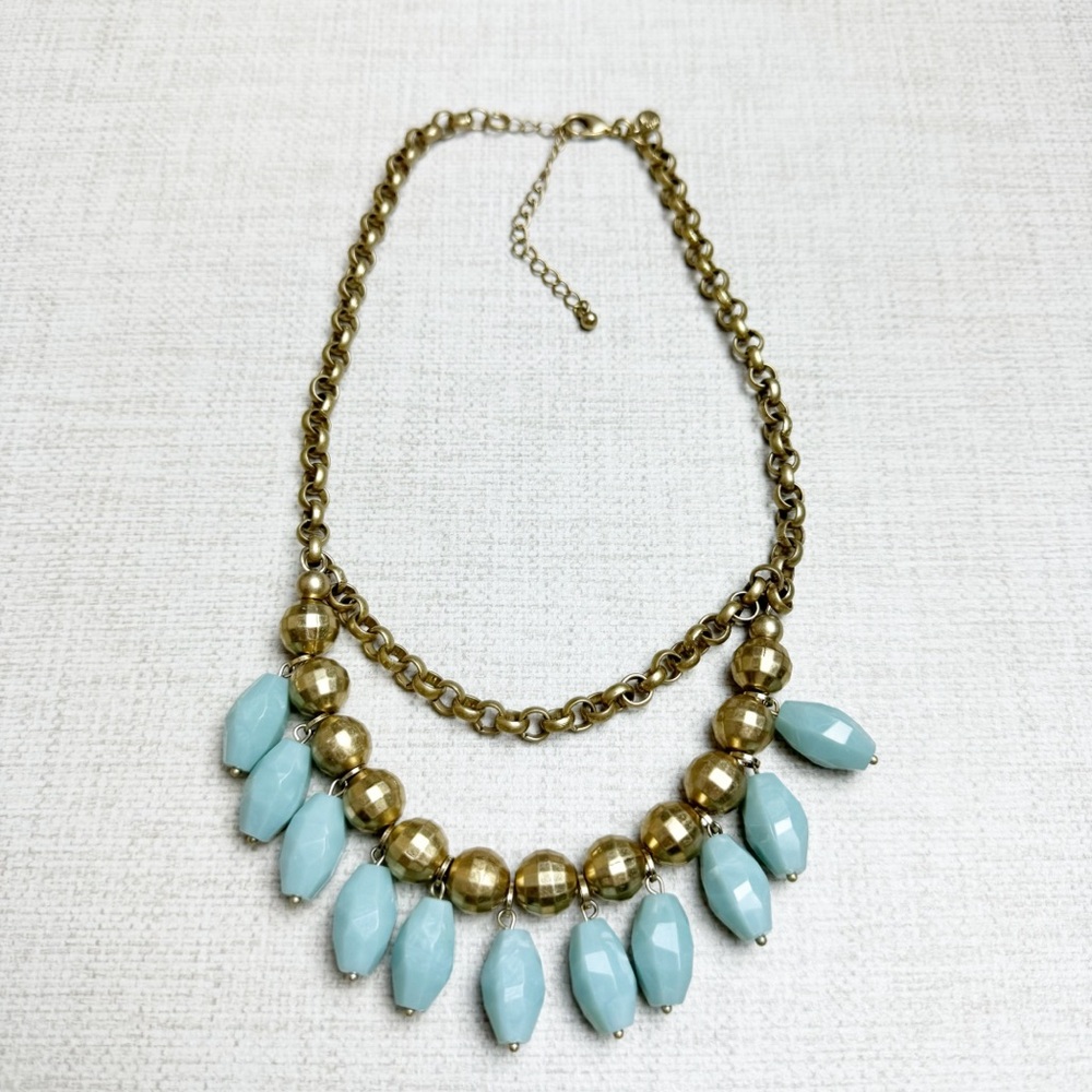 Lia Sophia Retired Cabana Gold tone and Aqua Beaded Necklace